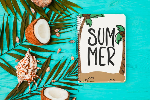 Flat Lay Notepad Mockup With Summer Elements Psd