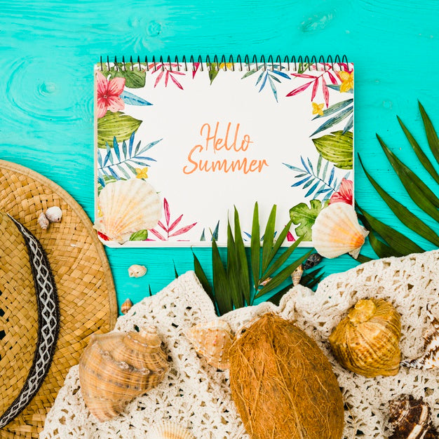 Flat Lay Notepad Mockup With Summer Elements Psd