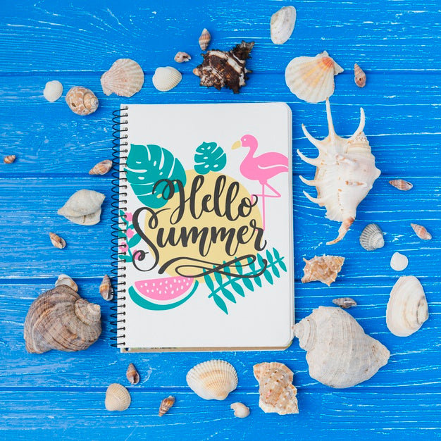 Flat Lay Notepad Mockup With Summer Elements Psd