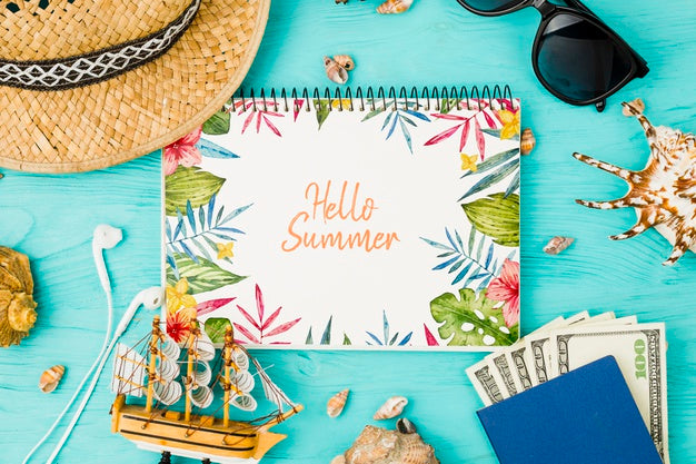 Flat Lay Notepad Mockup With Summer Elements Psd