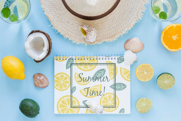 Flat Lay Notepad Mockup With Summer Elements Psd