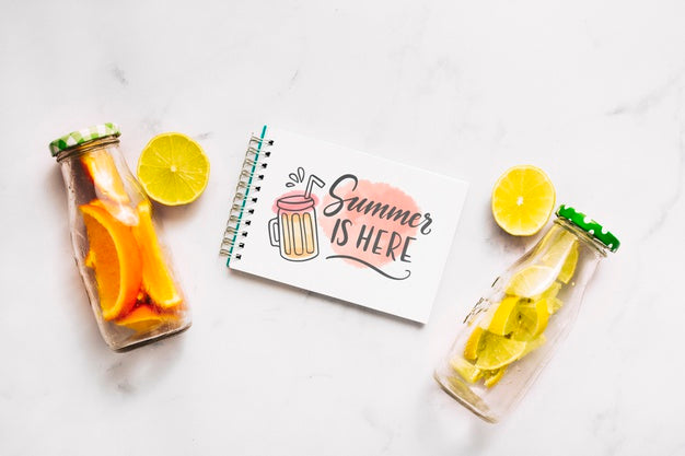 Flat Lay Notepad Mockup With Summer Elements Psd