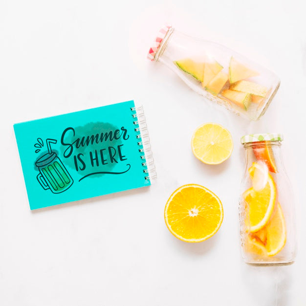 Flat Lay Notepad Mockup With Summer Elements Psd
