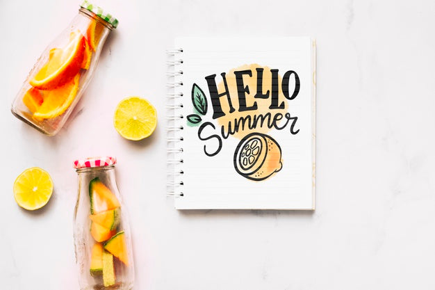 Flat Lay Notepad Mockup With Summer Elements Psd