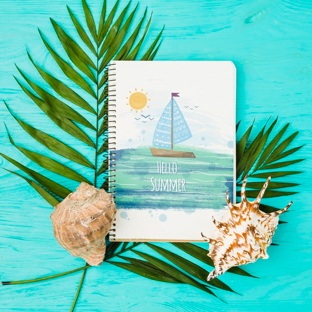 Flat Lay Notepad Mockup With Summer Elements Psd