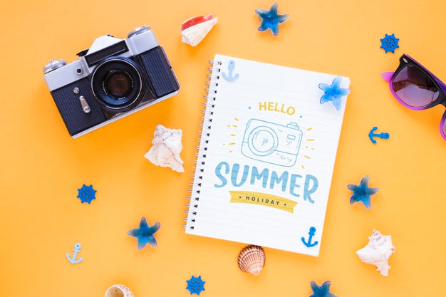 Flat Lay Notepad Mockup With Summer Elements Psd