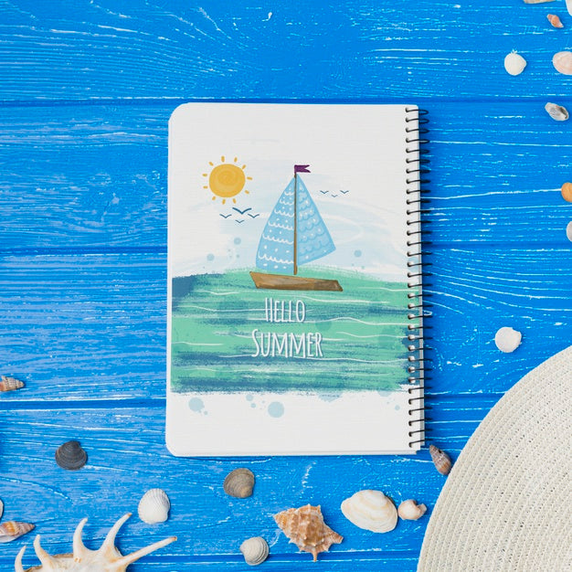 Flat Lay Notepad Mockup With Summer Elements Psd