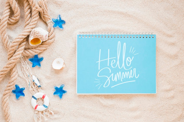 Flat Lay Notepad Mockup With Summer Elements Psd