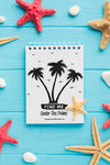 Flat Lay Notepad With Palm Trees And Starfishes Psd
