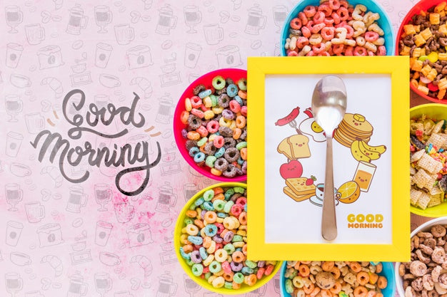 Flat Lay Of Arrangement Of Cereals Bowls And Frame Psd