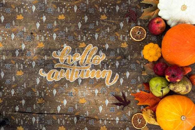 Flat Lay Of Autumn Harvest On Wooden Table Psd