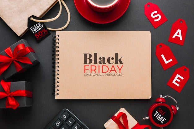 Flat Lay Of Black Friday Concept Mock-Up On Black Background Psd