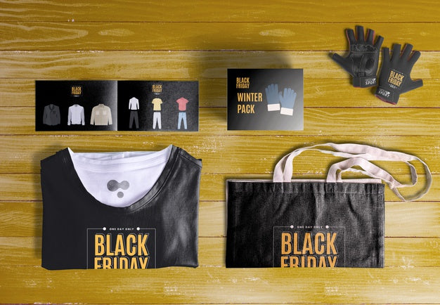 Flat Lay Of Black Friday Scene Creator On Wooden Background Psd