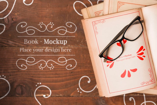 Flat Lay Of Book Mock-Up With Glasses Psd