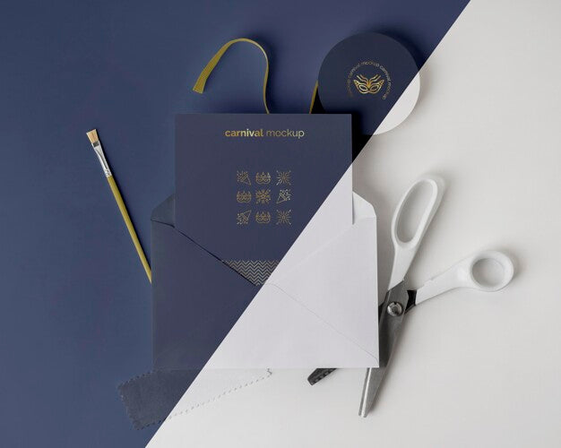 Flat Lay Of Carnival Invitation In Envelope With Scissors And Paint Brush Psd