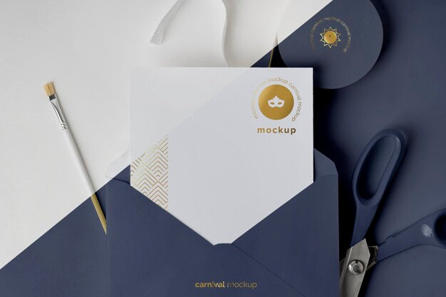 Flat Lay Of Carnival Invitation In Envelope With Tape And Scissors Psd