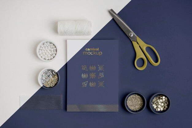 Flat Lay Of Carnival Invitation With Beads And Thread Psd