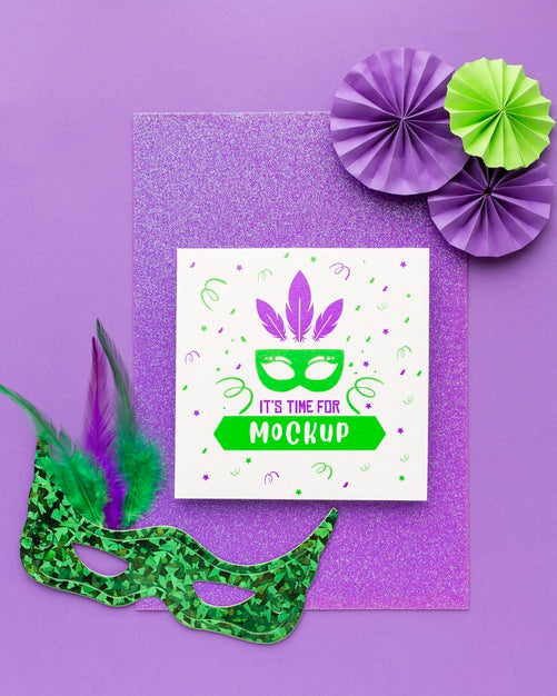 Flat Lay Of Carnival Masks And Paper Rosettes Psd