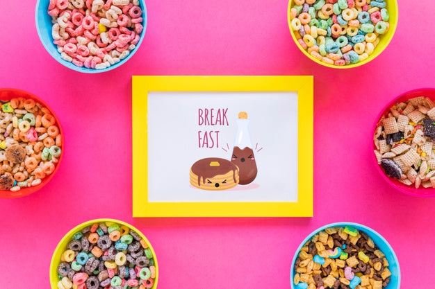 Flat Lay Of Cereal Bowls And Frame With Pink Background Psd