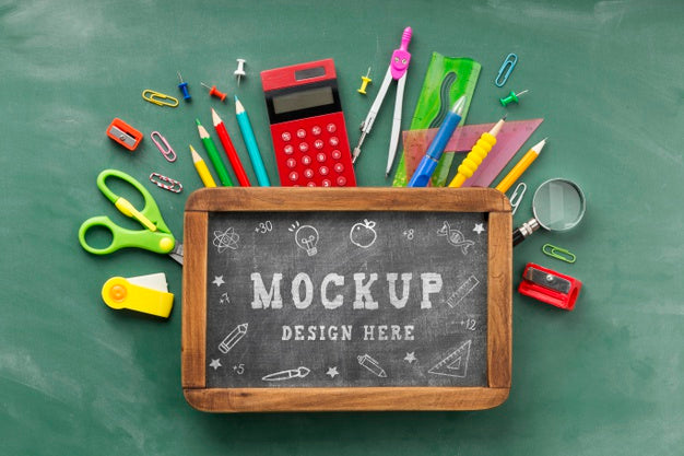 Flat Lay Of Chalkboard With School Essentials For Education Day Psd