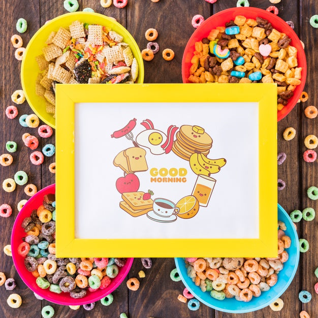 Flat Lay Of Colorful Ceareals With Frame Mockup On Wooden Table Psd