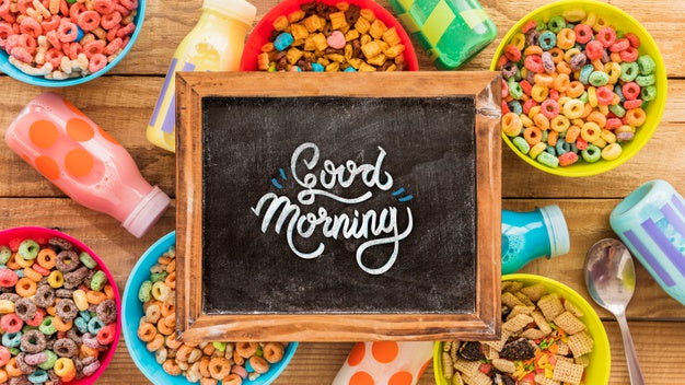 Flat Lay Of Colorful Cereals And Chalkboard On Wooden Table Psd