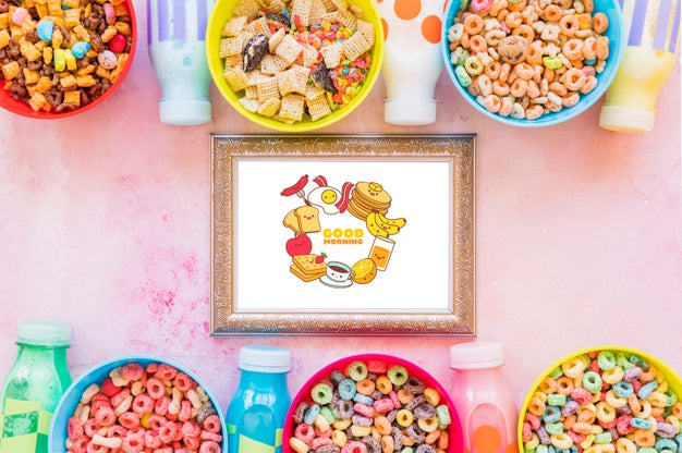 Flat Lay Of Colorful Cereals And Frame On Plain Background Psd