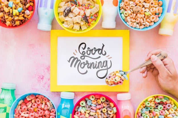 Flat Lay Of Colorful Cereals And Frame On Plain Background Psd