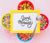 Flat Lay Of Colorful Cereals Spoon And Frame On Plain Background Psd