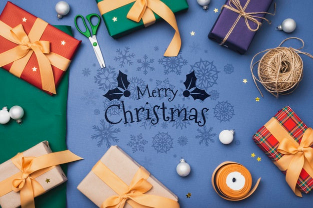 Flat Lay Of Colorful Christmas Gifts Mock-Up Psd