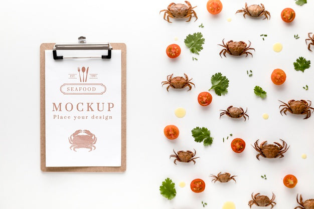 Flat Lay Of Crabs With Herbs And Tomatoes Psd