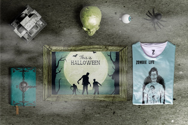 Flat Lay Of Creepy Halloween Concept Mock-Up Psd