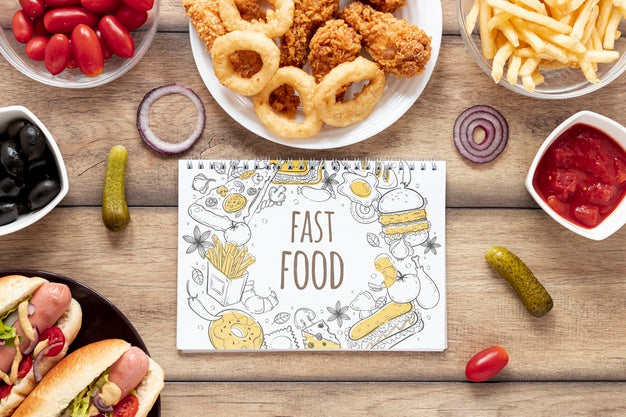 Flat Lay Of Delicious Fast Food On Wooden Table Psd