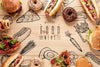 Flat Lay Of Delicious Fast Food On Wooden Table Psd