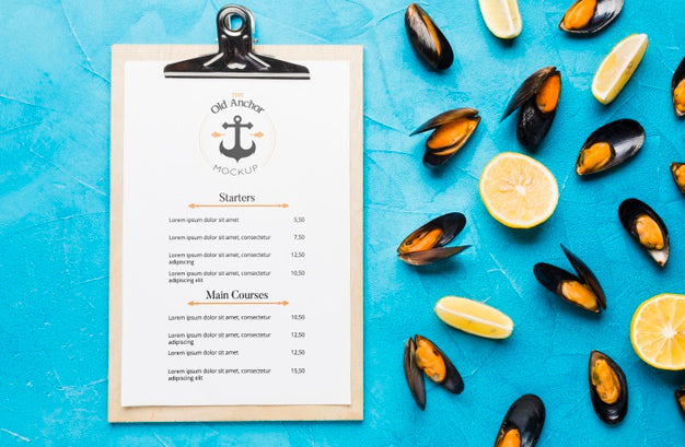 Flat Lay Of Delicious Mussels Concept Psd
