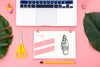 Flat Lay Of Desk Surface With Laptop And Leaves Psd