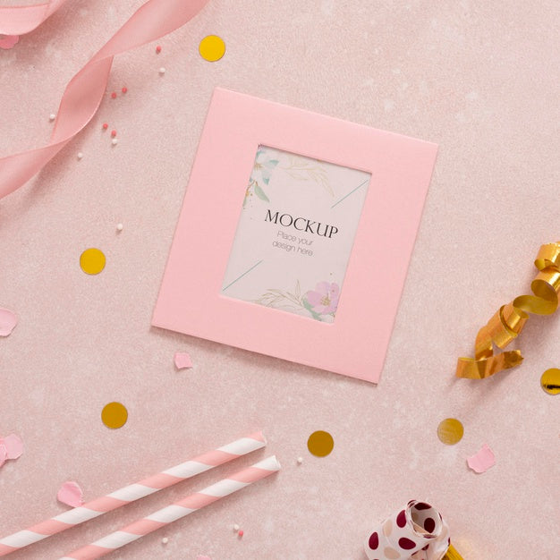 Flat Lay Of Elegant Birthday Card With Straws And Ribbon Psd