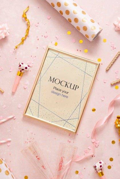Flat Lay Of Elegant Birthday Frame With Confetti Psd