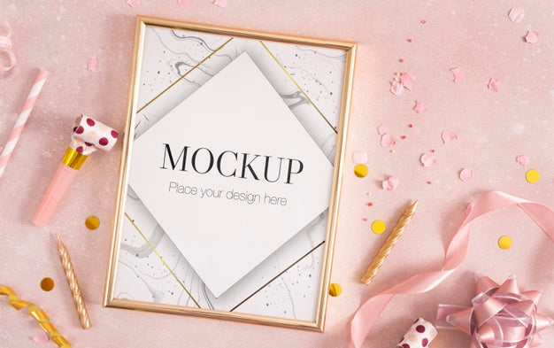 Flat Lay Of Elegant Birthday Frame With Ribbon And Candle Psd