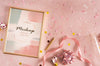 Flat Lay Of Elegant Birthday Frame With Ribbon And Confetti Psd