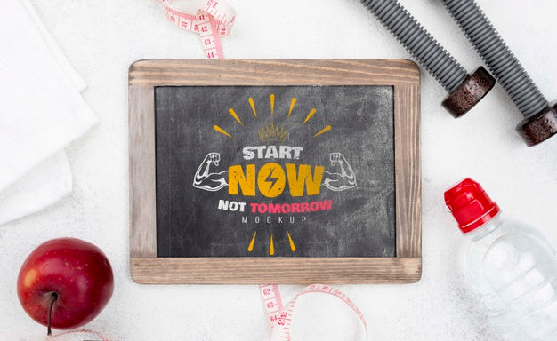 Flat Lay Of Fitness Blackboard With Weights And Apple Psd