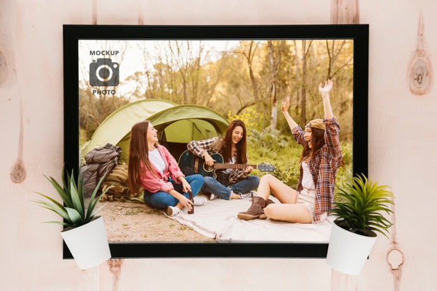 Flat Lay Of Frame On Wooden Background With Succulents Psd