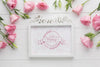 Flat Lay Of Frame With Pink Roses Psd