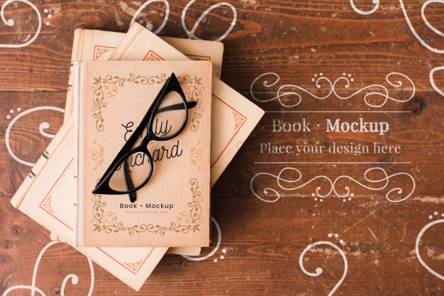Flat Lay Of Glasses On Books Mock-Up Psd