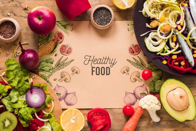 Flat Lay Of Healthy Food With Card Mockup Psd
