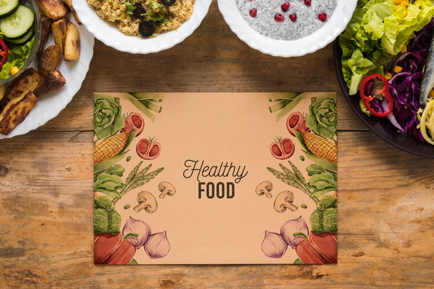 Flat Lay Of Healthy Food With Card Mockup Psd