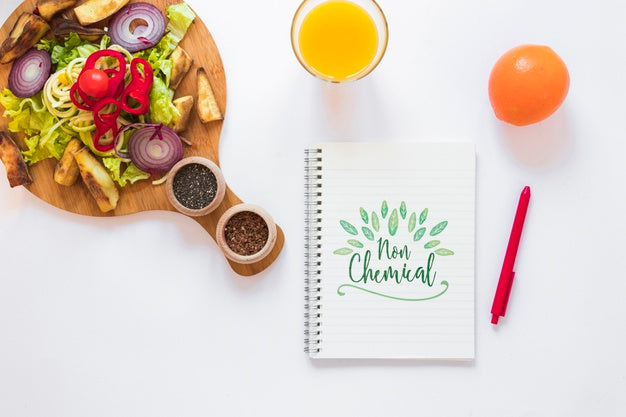 Flat Lay Of Healthy Food With Notepad Mockup Psd