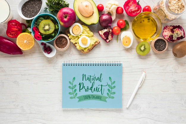 Flat Lay Of Healthy Food With Notepad Mockup Psd