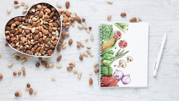 Flat Lay Of Healthy Food With Notepad Mockup Psd