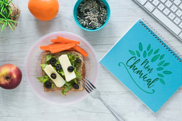 Flat Lay Of Healthy Food With Notepad Mockup Psd